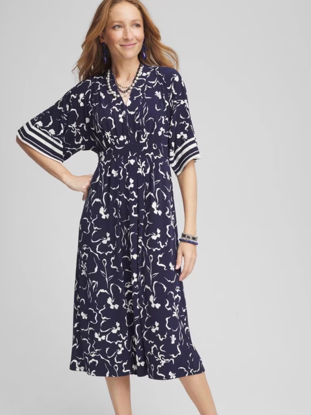 Chico’s Pleated Jersey Midi Dress Floral Size Medium Kimono Sleeve Womens Career